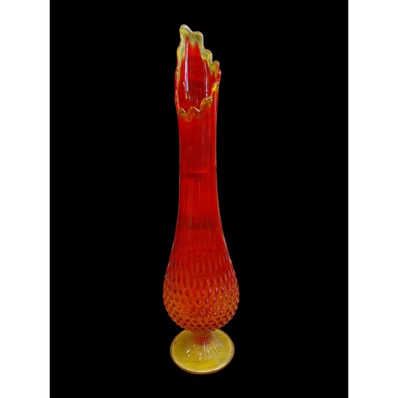 Other - Vintage Red Orange Glass Hobnail Vase Fluted Top Trumpet Art Glass